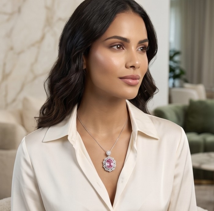 Tiffany Incredible oval cut 20.4 carat Pink Sapphire .925 Sterling Silver handcrafted pendant - Woman wearing Tiffany 20.4 carat pink sapphire necklace, front view.