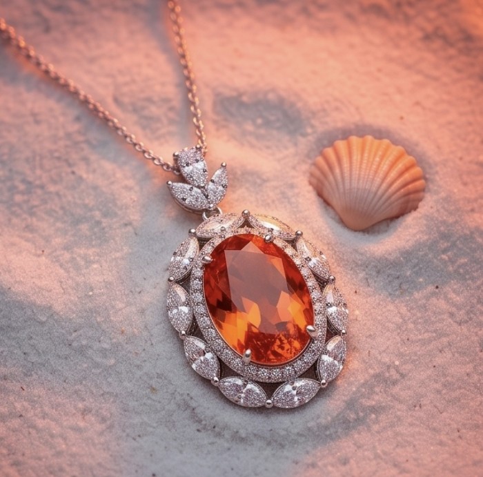 Rare Luxurious 19.9 carat natural Natural Orange Sapphire from Ceylon .925 Sterling Silver .925 Sterling Silver Statement Necklace - Orange sapphire necklace on sand with shell, front view close-up.