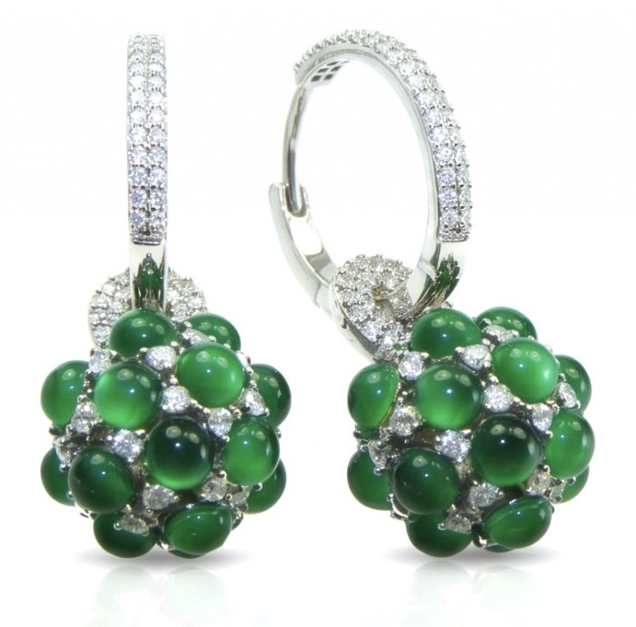Giovanna- Authentic 6.5 CARAT natural Colombian Emerald .925 Sterling Silver handcrafted Statement earrings - Close-up of Giovanna earrings with emeralds and diamonds.