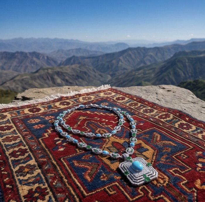 Art Deco - Pacifica - 178.4 carat Turquoise Emerald .925 Sterling Silver handmade Statement necklace; 24 inches long - Art Deco necklace on rug with mountain background, overhead view.