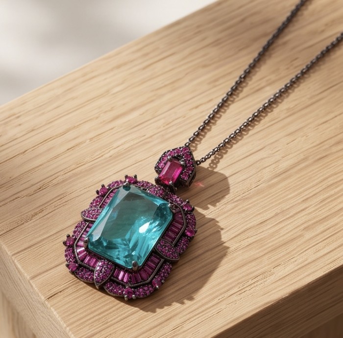 ART DECO Authentic 27.7 carat Aquamarine Ruby Black rhodium over .925 Sterling Silver handmade necklace - Aquamarine and ruby pendant on wood surface, front view.