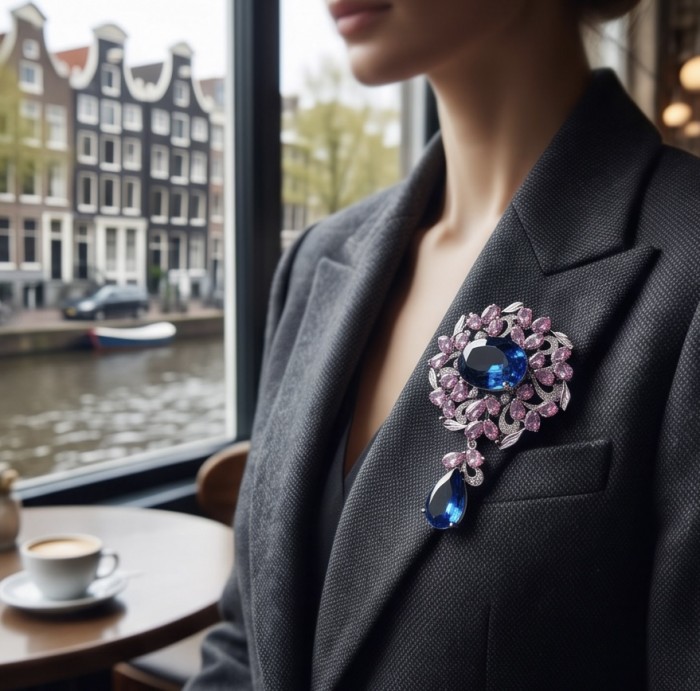 An exuberantly Large 141.8 carats Vintage style London Blue Topaz .925 Sterling Silver DIPPED IN RHODIUM handmade LARGE Pendant - Brooch - Worn on lapel: Vintage 141.8 carat London Blue brooch with pink accents