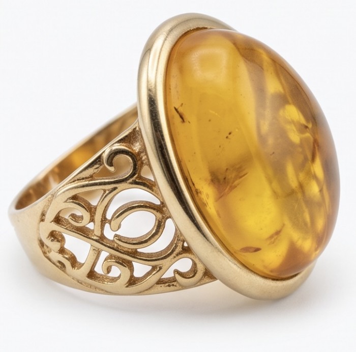 Vintage Style Authentic Golden Butterscotch Baltic Amber 18K Gold over .925 Sterling Silver entirely handcrafted ring; s. 8 - Side view of vintage style golden butterscotch Baltic amber ring