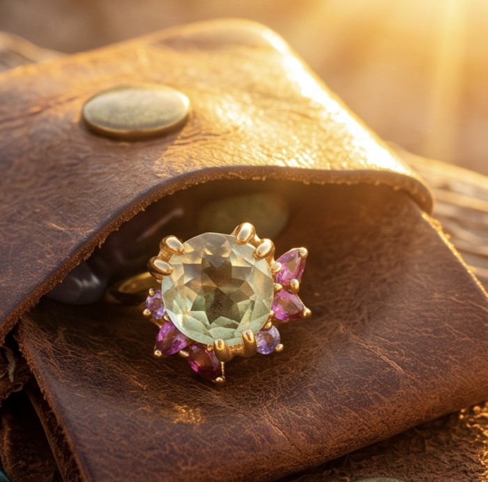Vivien 3.2 carat Brazilian Citrine .925 Sterling Silver dipped in 18K Gold handcrafted ring; s. 7 - Close-up of Vivien 3.2 carat Brazilian Citrine ring in leather pouch