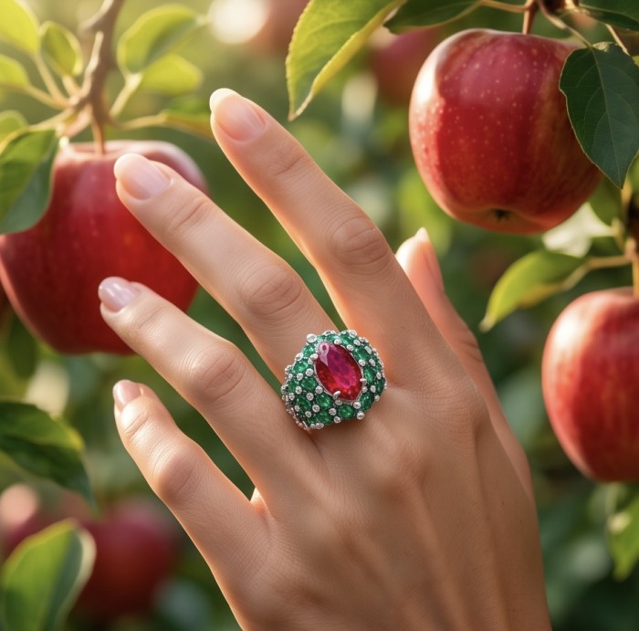 Giovanna 28.6 carat Ruby Emerald .925 Sterling Silver dipped rhodium handmade Huge Statement Ring size 8 - Ruby and emerald ring worn on hand with apples in the background.