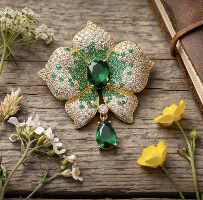 Heirloom Genuine 18.5 carat Colombian Emerald .925 Sterling Silver handmade Brooch - Emerald brooch with flower design on wood background, top view.