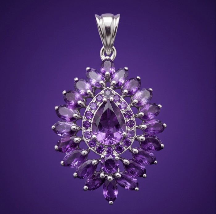 Divine Protection 18.8 carat Precious Amethyst .925 Sterling Silver dipped in rhodium handcarfted Pendant - Close-up of intricate amethyst and sterling silver pendant on purple background.