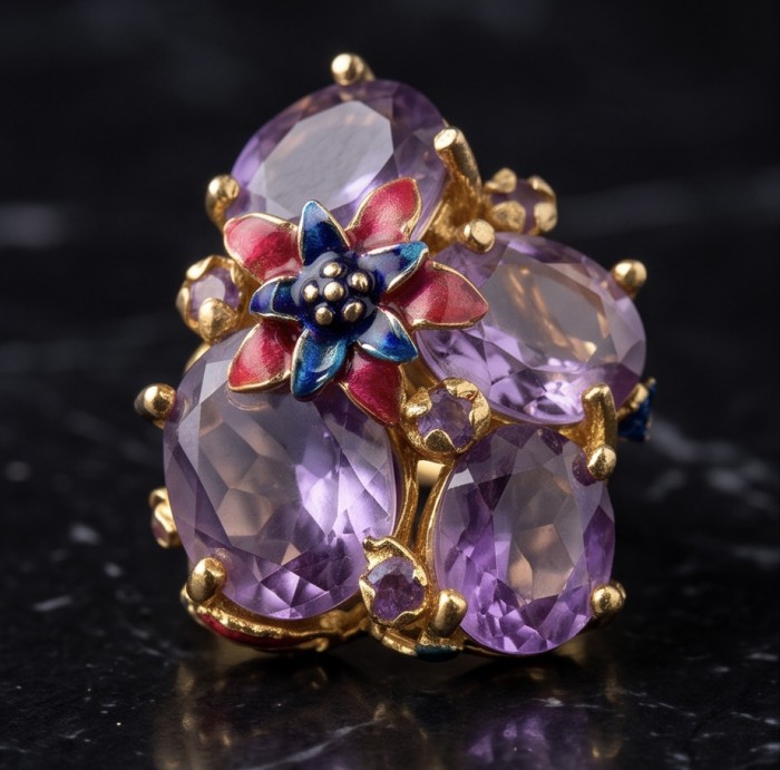 Lila Blossom 17.5 carat Pink Amethyst 22K Gold over .925 Silver handcrafted Cocktail Ring s. 6 3/4 - Stone close-up of Lila Blossom pink amethyst ring in 22K gold.