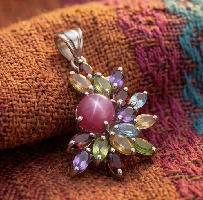 Summer Fiesta 22.8 carat Precious Kashmir Ruby Multigem rhodim over .925 Sterling Silver dipped in rhodium Pendant - Multigem pendant close-up on textured fabric background