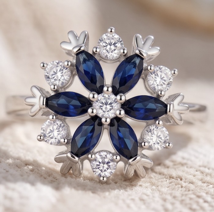 Real 3.2 carat Sapphire Italy Made Silver Sterling Silver spinning ring s. 8 1/4 - Close-up of sapphire and diamond silver ring with floral design