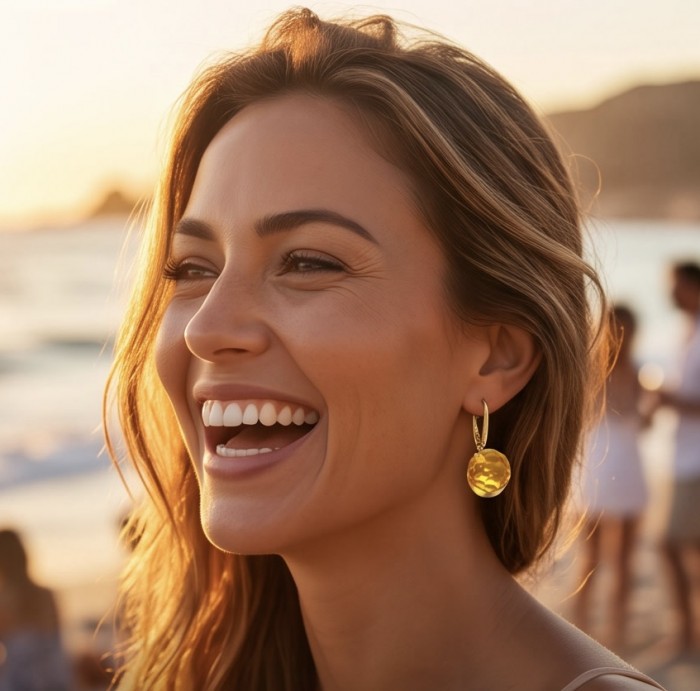 Faceted spheres authentic 11.2 carat Golden Baltic Amber 18K Gold over .925 Sterling Silver Earrings - Worn on ear: Faceted golden Baltic amber earrings, beach background