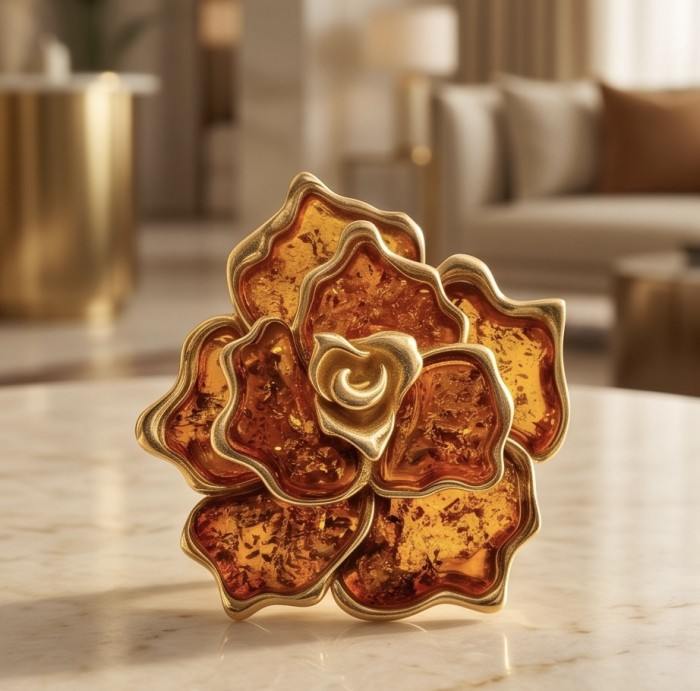 Golden Rose Natural Baltic Polish Amber .925 Sterling Silver dipped in 22K Gold handcrafted Pendant - Golden rose amber brooch on table, front view close-up.