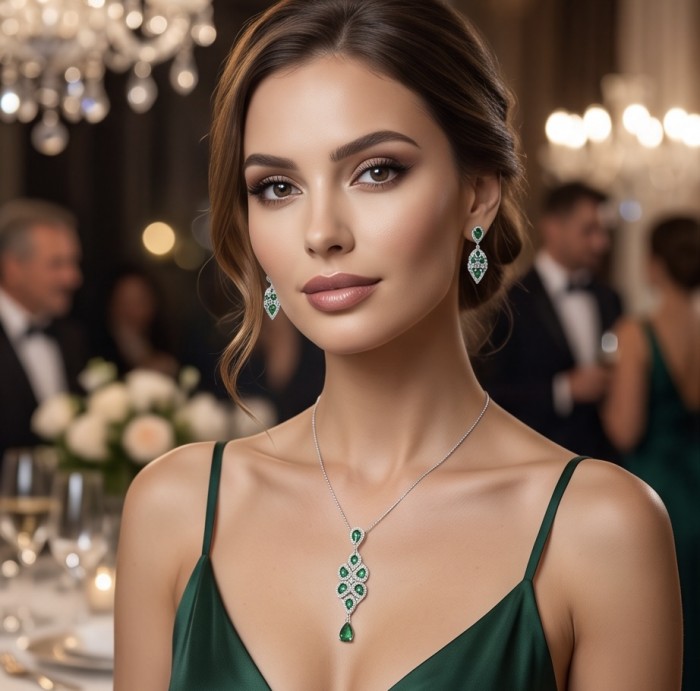 Authentic 6.5 carat Tsavorite Garnet rhodium over .925 Sterling Silver handmade Statement Pendant - Woman wearing Tsavorite Garnet earrings and necklace at elegant event.