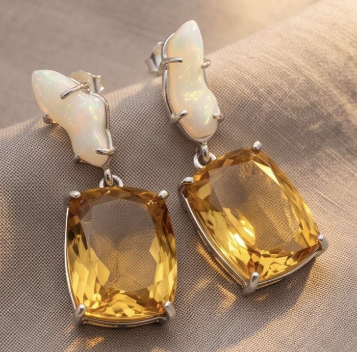 Esperanza - Luxurious 22.2 Lemon Quartz rough real Australian Opal rhodium over .925 Sterling Silver handmade Earrings - Close-up of Esperanza earrings with lemon quartz and opal stones
