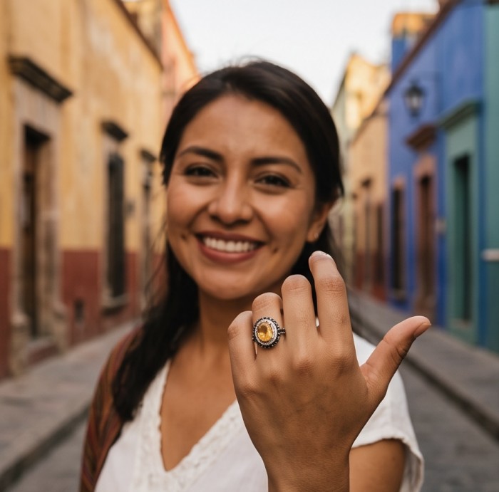 Emily 4.2 carat Brazilian Citrine Sapphire .925 Sterling Silver dipped in rhodium handcrafted ring; s. 7 1/2 - Woman wearing Emily citrine ring on hand, street background.