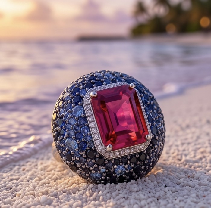 Scarlett 28.8 ctw Mozambique Ruby rhodium over .925 Sterling Silver handcrafted Statement Ring size 8 1/4 - Scarlett Mozambique Ruby ring on sand, sunset background, stone close-up.