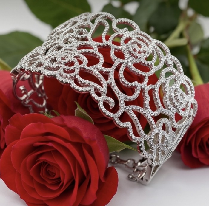 Dolce Vita - Precious Natural 12.5 carat pave White Topaz rhodium over .925 Sterling Silver handcrafted bracelet - Side view of delicate white topaz bracelet with red roses