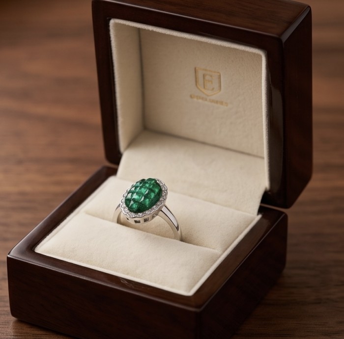 Estelle - Authentic mystery setting 1.9 carat COLOMBIAN EMERALD .925 Sterling Silver handcrafted Ring size 8 1/4 - Ring with emerald in open box, angled view showing setting and band.