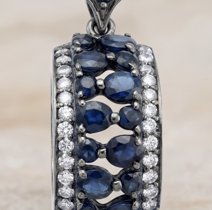 Vintage Beauty 9.7 carat Mozambique Sapphire Black Rhodium over .925 Sterling Silver handcrafted pendant - Close-up of Vintage Beauty sapphire ring with black rhodium accents