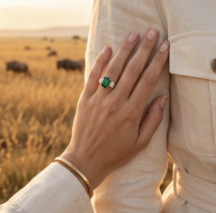 Giovanna- Authentic 7.5 CARAT natural Colombian Emerald .925 Sterling Silver dipped in Rhodium handcrafted Ring size 7 - Emerald ring on hand, close-up view in natural setting.