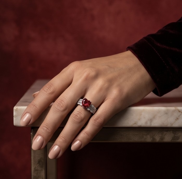 Red Heart 4.8 carat natural Garnet rhodium over .925 Sterling Silver Handcrafted Ring size 8 1/4 - Red heart-shaped garnet ring worn on hand, side view, on marble table.