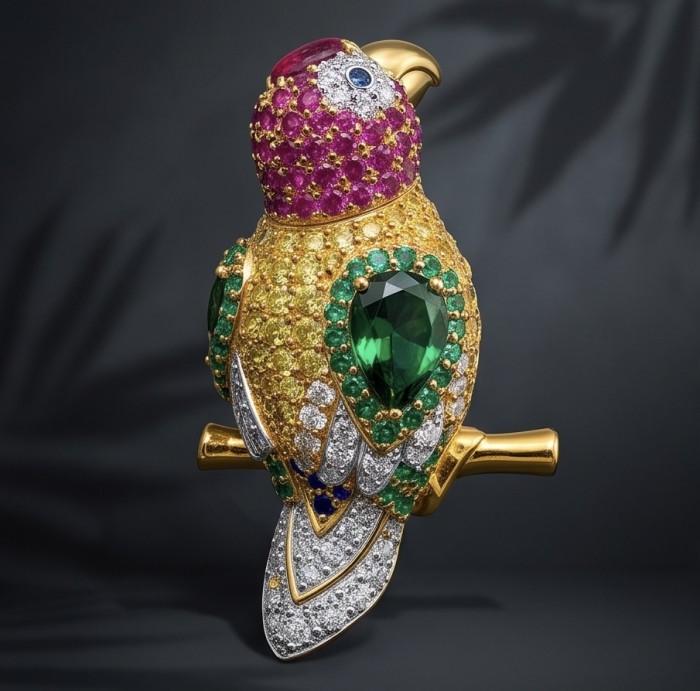 Exotic Parrot - 10.8 carat pave Ruby Emerald Sapphire 22K Gold over .925 Sterling Silver rhodium over handcrafted Brooch - Exotic parrot brooch with jewels, side view