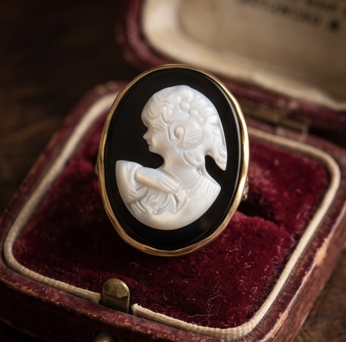 Exquisite Cameo 2 tones .925 Sterling Silver handcrafted Made in Italy Statement ring; s. 8 1/2 - Close-up of two-tone cameo ring in a vintage velvet box