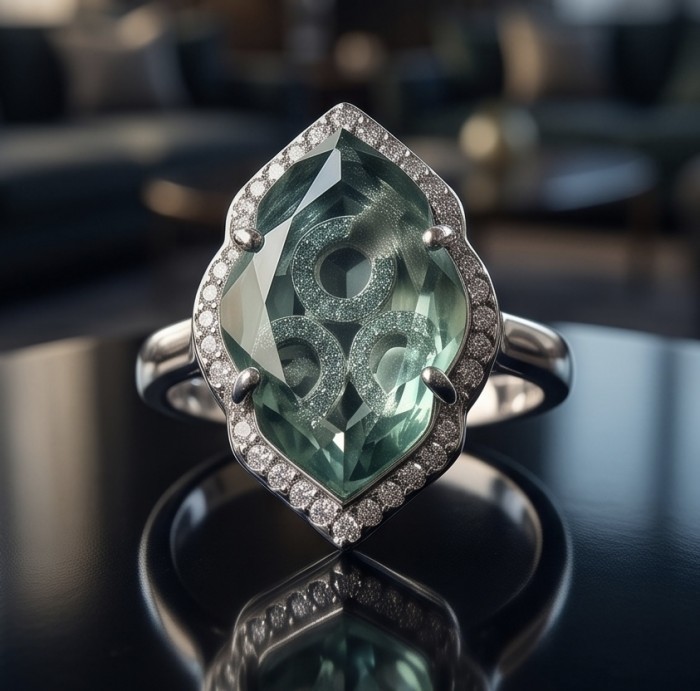 11.5 carat Grandidierite .925 Sterling Silver Handcrafted Ring size 6 1/4 - Close-up of 11.5 carat Grandidierite ring with diamond accents.