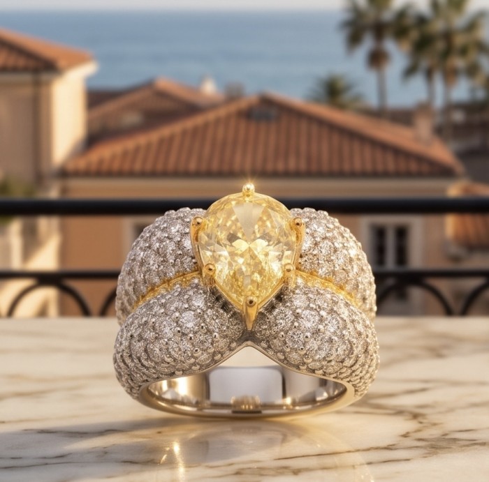 Solid 8.8 carat Genuine Yellow Sapphire 4.8 carat pave Moissanite .925 Sterling Silver handcrafted ring size 7 - Close-up of yellow sapphire ring with pavé Moissanite against scenic backdrop.