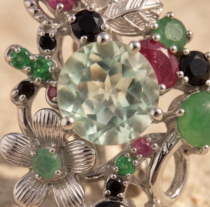 Isabel Authentic 22.4 carat Green Amethyst rhodium over .925 Sterling Silver handcrafted Statement Earrings - Close-up of Isabel 22.4 carat Green Amethyst with colorful surrounding gems