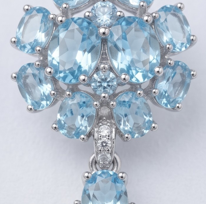 Serenity 14.5 carat genuine Swiss Blue Topaz .925 Sterling Silver handmade Statement Handcrafted earrings - Close-up of Serenity Swiss Blue Topaz pendant in sterling silver.