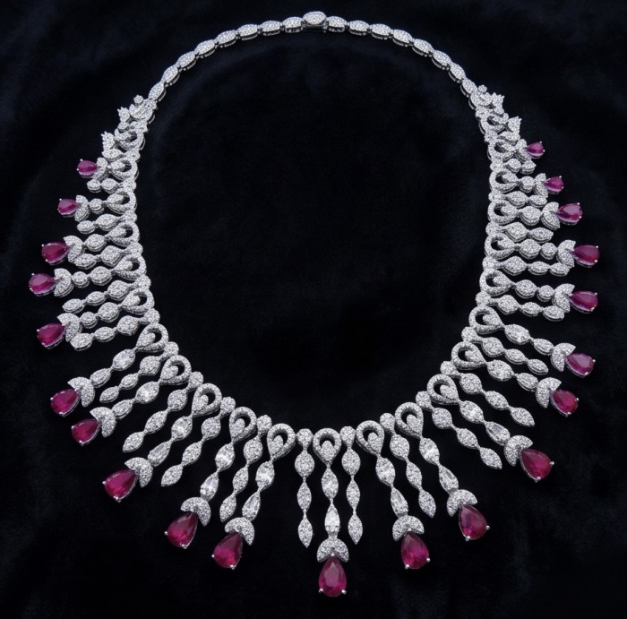 Luxurious 41.9 carat natural Mozambique Ruby rhodium over .925 Sterling Silver .925 Sterling Silver Statement Necklace - Luxurious necklace with Mozambique rubies and rhodium, top view.
