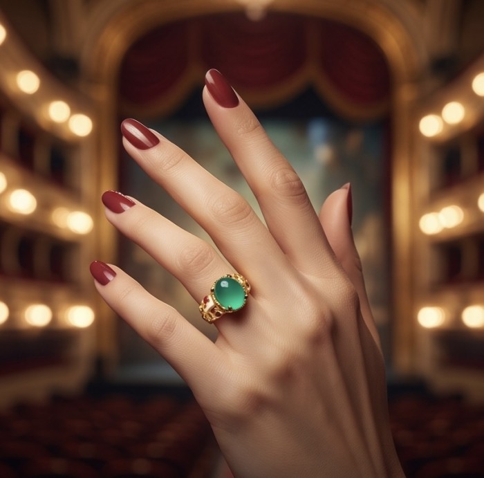 Magnificent 939 carat Natural Ruby Emerald Enemel 18K Gold over . 925 Sterling Silver handcrafted Statement Ring size 7 - Emerald ring on hand in elegant theater setting, side view.