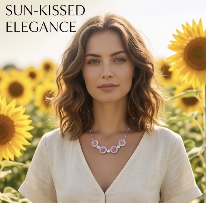 Serenade authentic 12.5 carat Brazilian Pink Topaz rhodium over .925 Sterling Silver handcrafted necklace - Woman wearing Serenade Pink Topaz necklace in sunflower field.