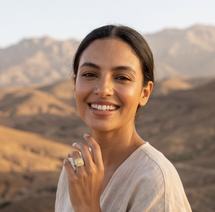 Costa del Sol Authentic 7.8 carat yellow Sapphire 18K Gold over .925 Sterling Silver handmade Ring s. 8 1/2 - Woman wearing Costa del Sol yellow sapphire ring in a scenic setting