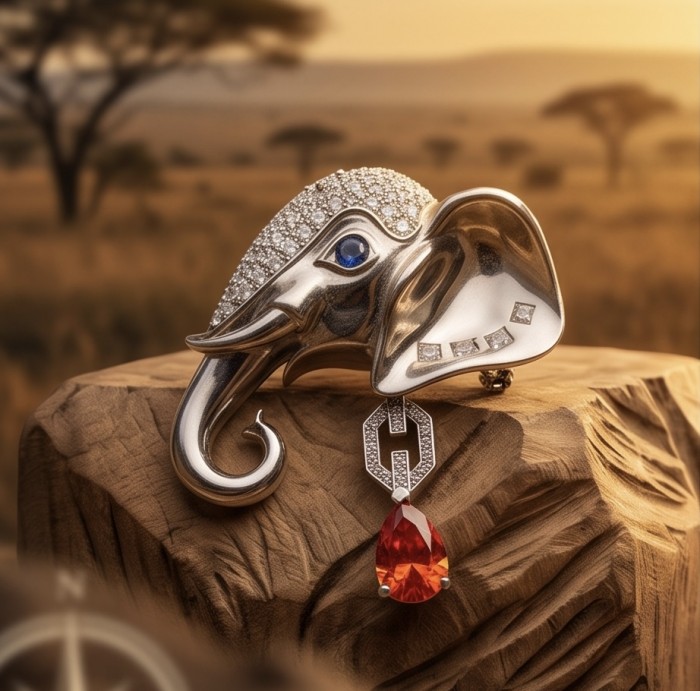 Attract YOUR Luck - ELEPHANT- 4.2 CARAT Ruby 0.4 carat Sapphire .925 Sterling Silver dipped in rhodium handcrafted Pendant Brooch - Elephant jewelry with 4.2 carat ruby, side view on wooden surface.