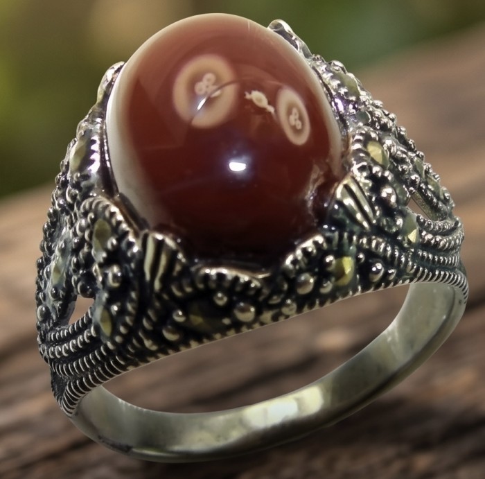 Orange Power natural Carnelian .925 Sterling Silver handmade ring s. 9 - Carnelian ring close-up with ornate .925 Sterling Silver detailing.