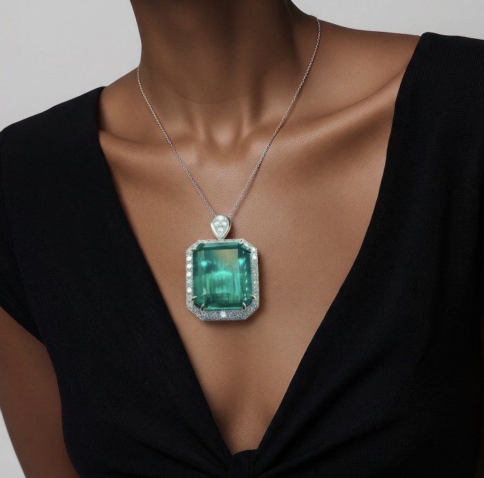 Rare finding! Deluxe 55.2 carat authentic baquette cut Emerald rhodium over .925 Sterling Silver handmade Statement Pendant - Necklace with 55.2 carat emerald-cut stone worn on model.