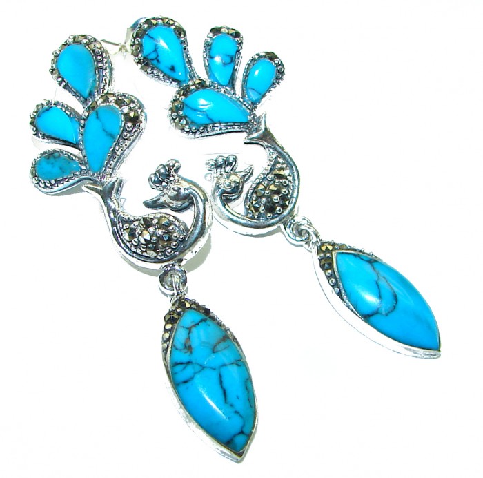 Great authentic inlay Turquoise .925 Sterling Silver handcrafted Earrings - photo 3