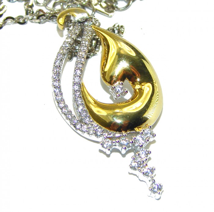 Elegance 4.2 carat White Topaz 14K Gold over .925 Sterling Silver handcrafted necklace - Close-up of Elegance pendant, gold and white topaz on sterling silver chain.
