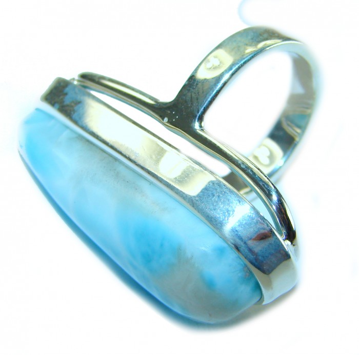 Blue Dreamer authentic Larimar .925 Sterling Silver handmade Large Solid ring size 7 adjustable - Side view of Blue Dreamer Larimar ring in .925 Sterling Silver.