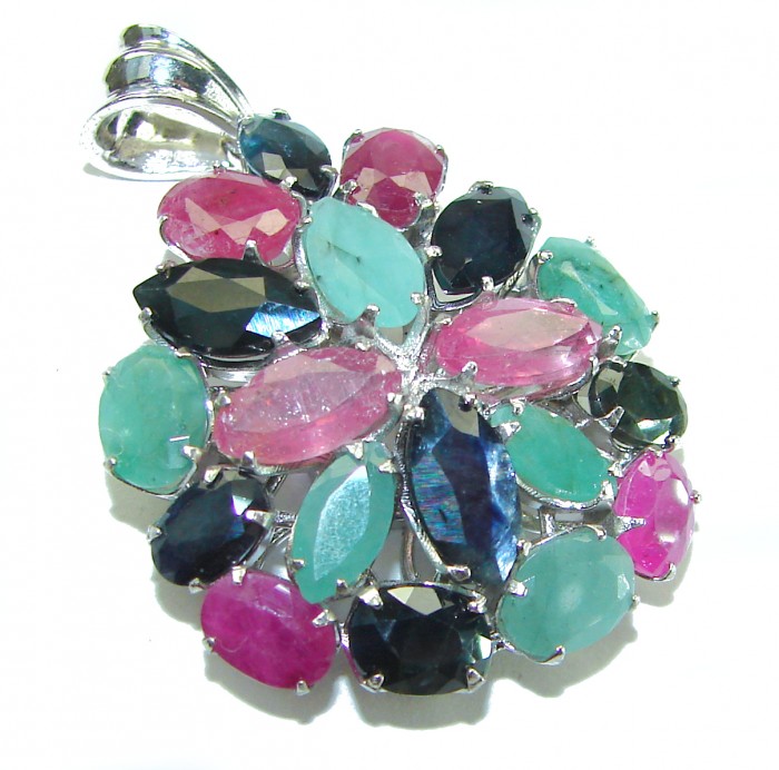 aUTHENTIC Red Ruby Emerald Sapphire 24.5 carat .925 Sterling Silver handmade Pendant - Multicolor gemstone pendant front view, 24.5 carat, sterling silver setting.