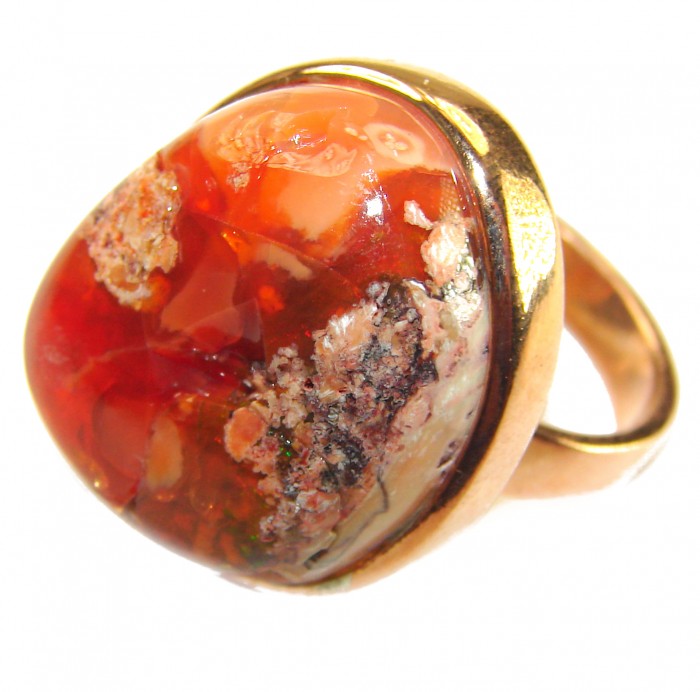 Inner Fire 25.5 carat Authentic Mexican Opal 14K Gold over .925 Sterling Silver handcrafted ring size 7 adjustable - Close-up of Inner Fire Mexican Opal ring with 14K gold setting.