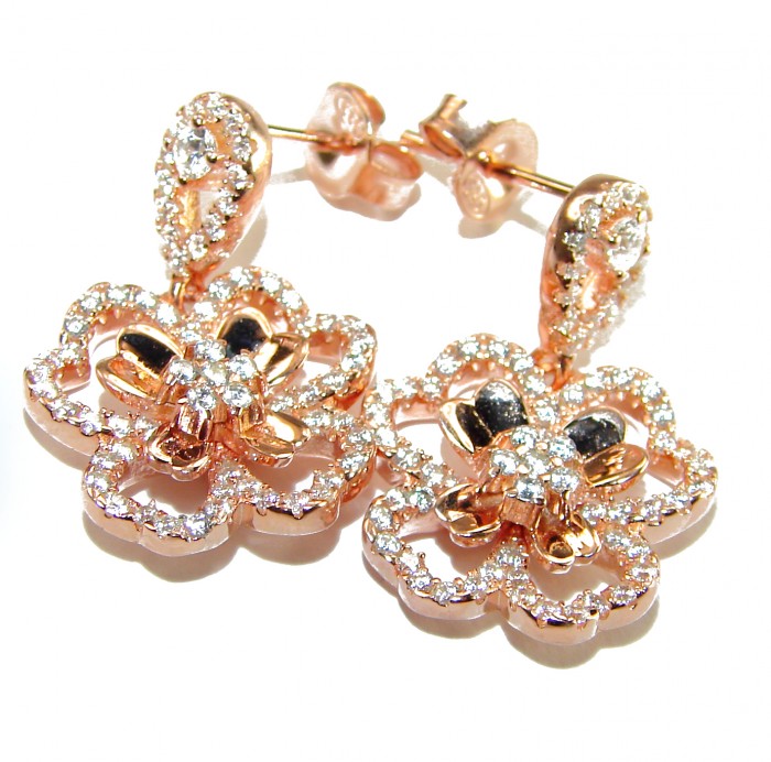 Authentic 4.9 carat Golden Topaz 14K Rose Gold over .925 Sterling Silver handmade earrings - Rose gold floral earrings with diamonds, top view, sparkling detail.