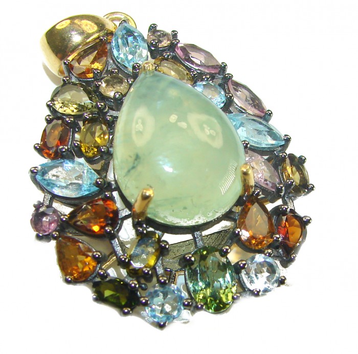 Royal quality genuine Prehnite Tourmaline 18K Gold over .925 Sterling Silver handcrafted Pendant - Prehnite Tourmaline pendant, top view, 18K gold accents visible
