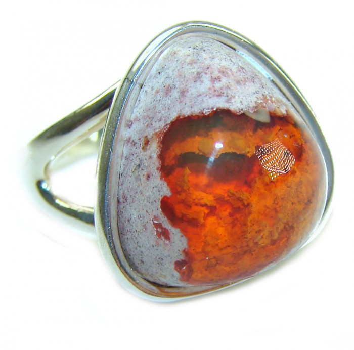 Inner Fire best quality 10.4 carat Mexican Opal .925 Sterling Silver handmade ring 7 - Close-up of Mexican opal ring in silver setting.