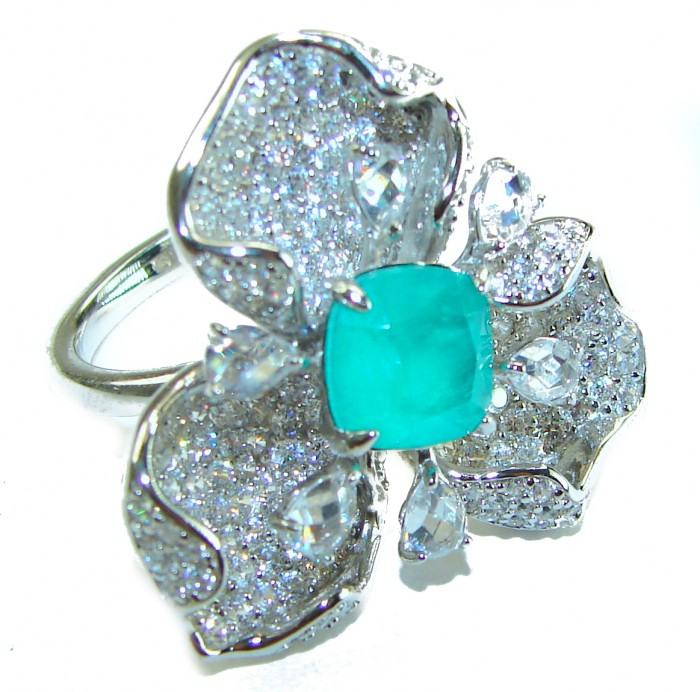 Floral design 4.2 carat Emerald .925 Sterling Silver .925 Sterling Silver Statement Ring size 7 - Floral ring with emerald and diamonds, side view showcasing detail.