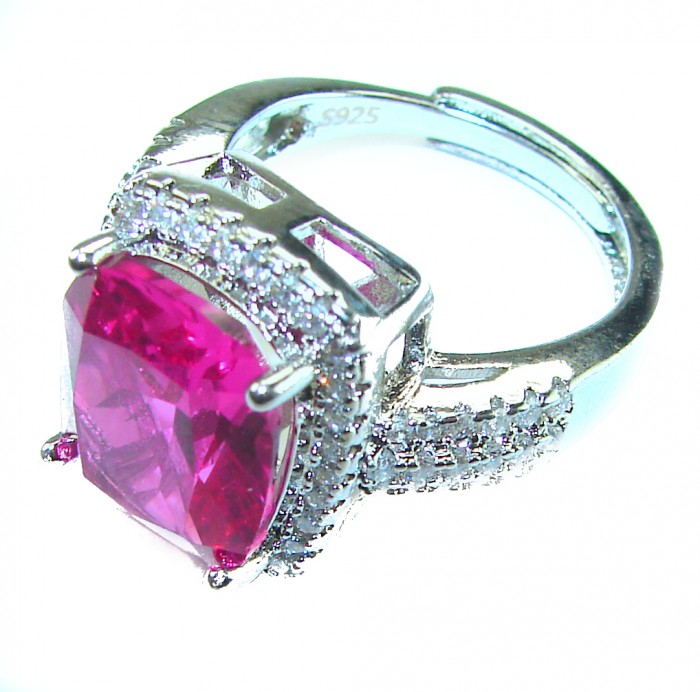 Blooming Beauty 8.8 carat baquette cut Pink Sapphire .925 Silver handcrafted Cocktail Ring s. 7 - Side view of Blooming Beauty ring with pink sapphire and diamond accents.