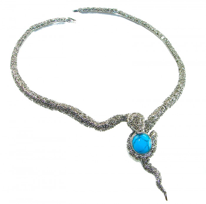 HUGE 84.5 grams Snake design genuine Turquoise .925 Sterling Silver handcrafted Necklace - Snake design turquoise necklace, top view, sterling silver.