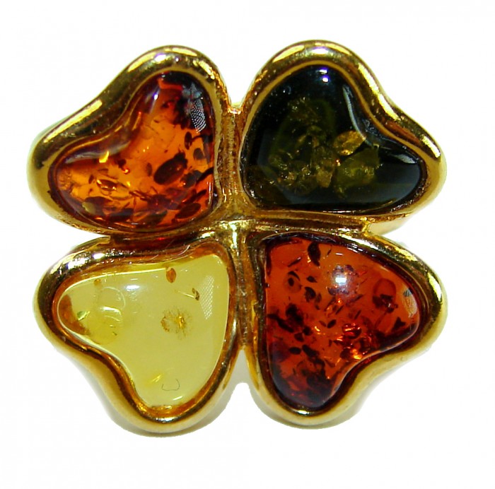 Beauty of the Nature Baltic Amber .925 Sterling Silver handcrafted HUGE ring; s. 7 adjustable - Clover-shaped pendant with Baltic amber stones, close-up view.